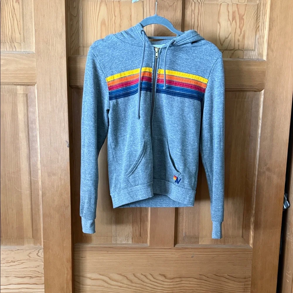 Aviator Nation Gray Hoodie with Rainbow Chest Stripes - Picture 1 of 2